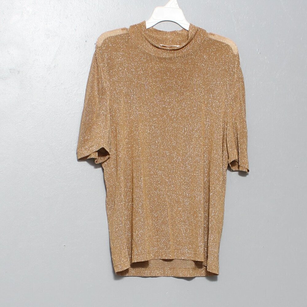 Vintage fair lady sheer gold sparkly mock neck short sleeve blouse